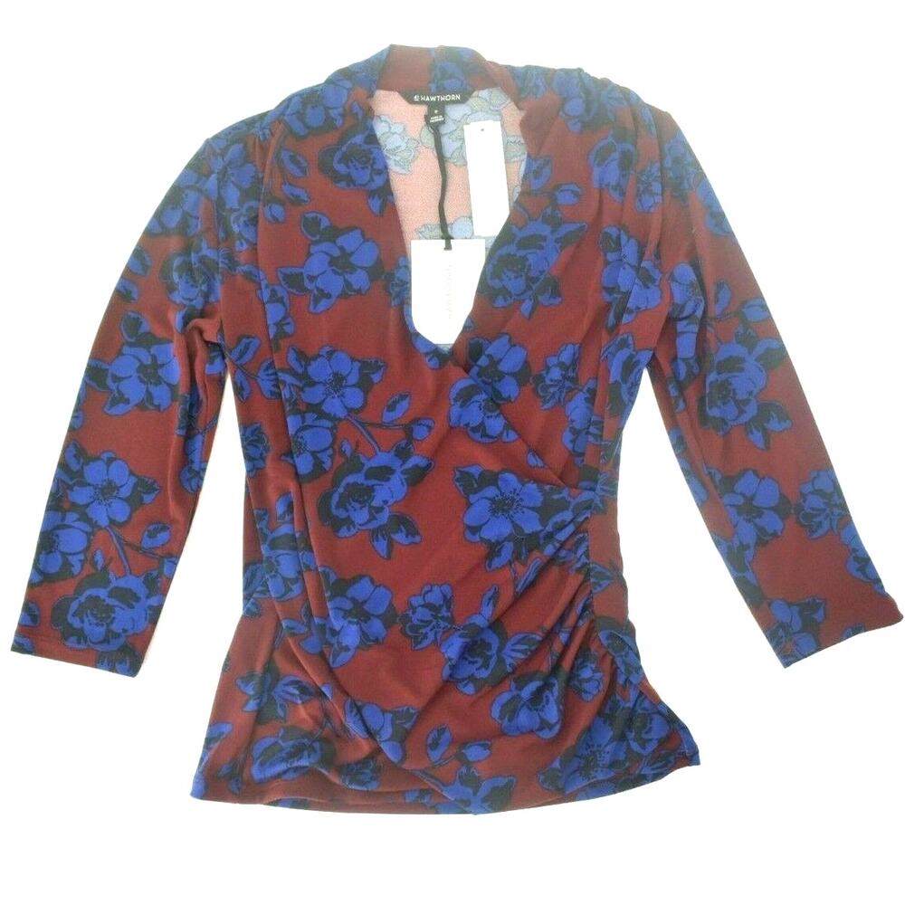 41 Hawthorn Stitch Fix Burgundy Blue Floral Henri Ruched V-Neck Knit Top M